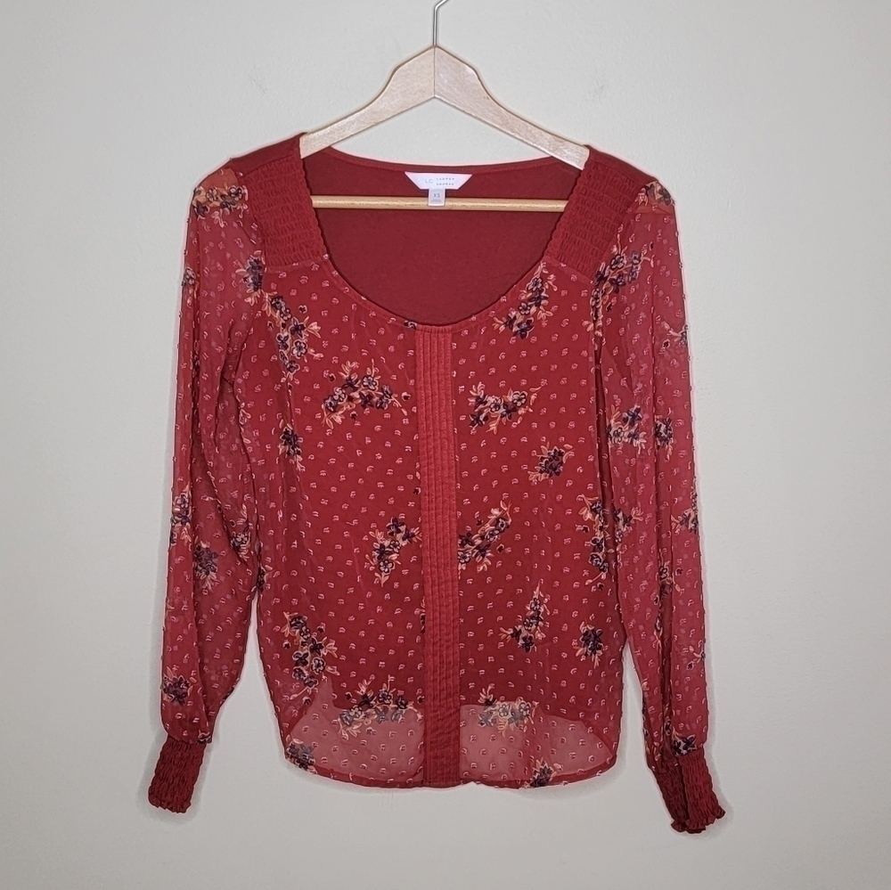LC Lauren Conrad Red Floral Mixed Material Blouse Size XS Cottagecore Boho